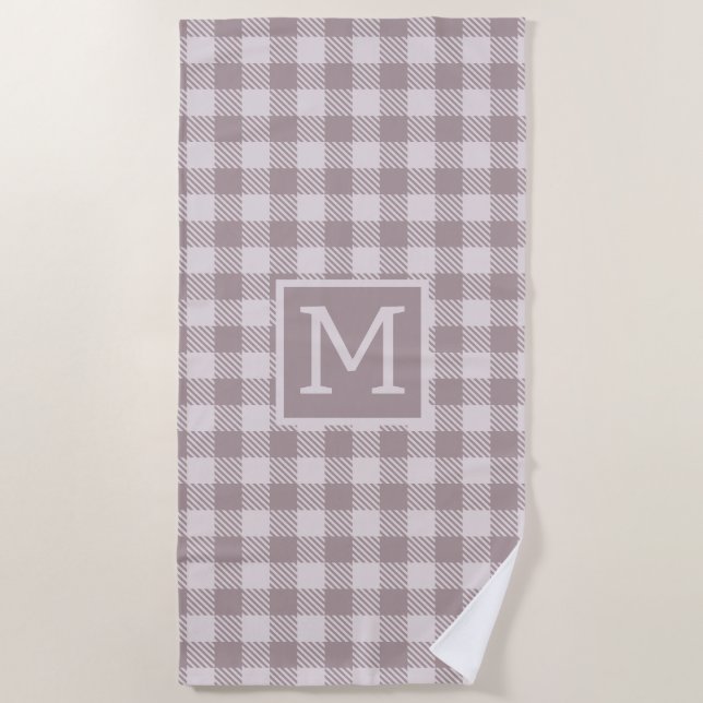 Farmhouse Buffalo Check Plaid Beige Monogram  Beach Towel (Front)