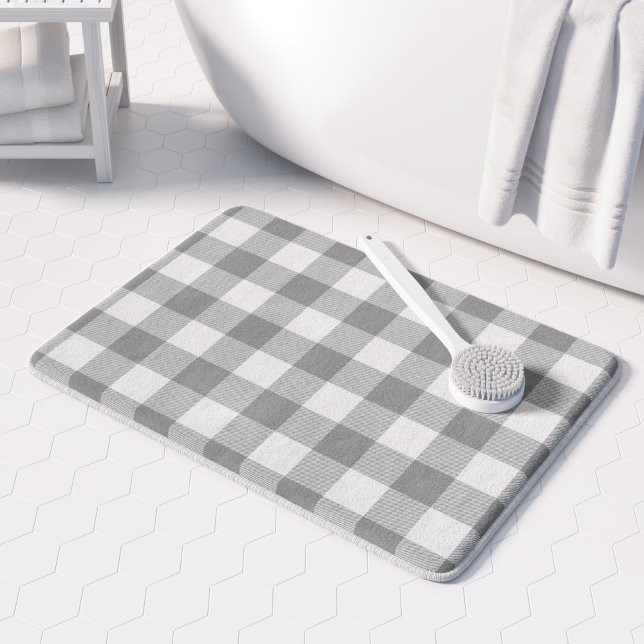 Farmhouse Buffalo Check Plaid Neutral Grey White Bath Mat (Creator Uploaded)