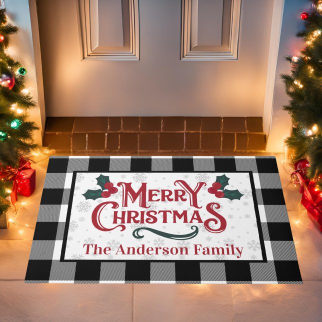 Farmhouse Buffalo Plaid Merry Christmas Custom Doormat (Farmhouse Buffalo Plaid Merry Christmas Personalized Holiday Doormat)