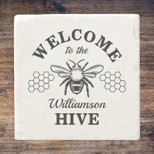Farmhouse Bumblebee Welcome to Our Hive Monogram  Stone Coaster