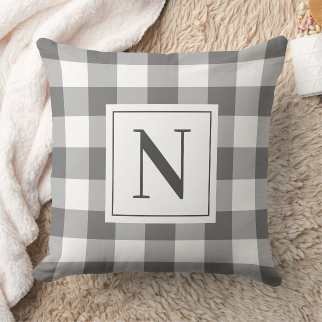 Farmhouse Charcoal Gingham Check Plaid Monogram Cushion (Blanket)