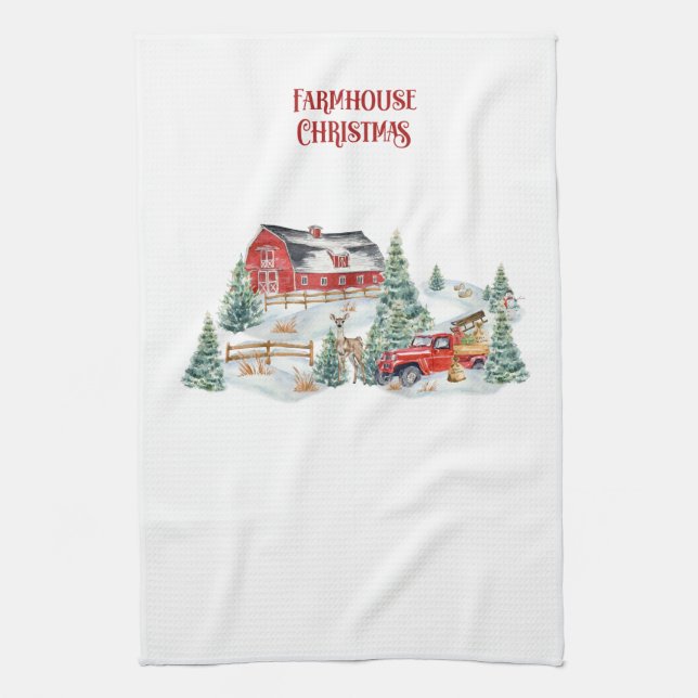 Farmhouse Christmas Barn and Truck Snow Scene Tea Towel (Vertical)