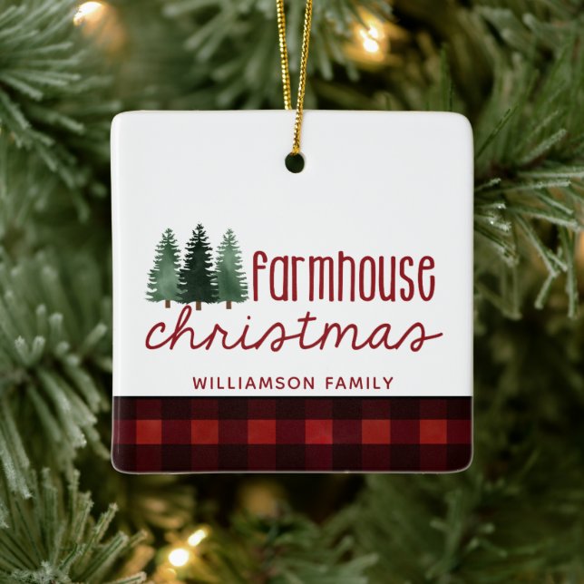 Farmhouse Christmas Buffalo Plaid Name Photo  Ceramic Ornament (Tree)