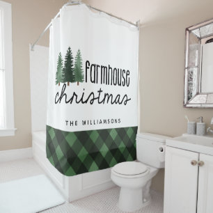 Farmhouse Christmas Country Plaid Family Name  Shower Curtain