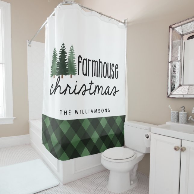 Farmhouse Christmas Country Plaid Family Name  Shower Curtain (In Situ)