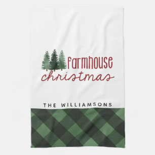 Farmhouse Christmas Country Plaid Family Name  Tea Towel