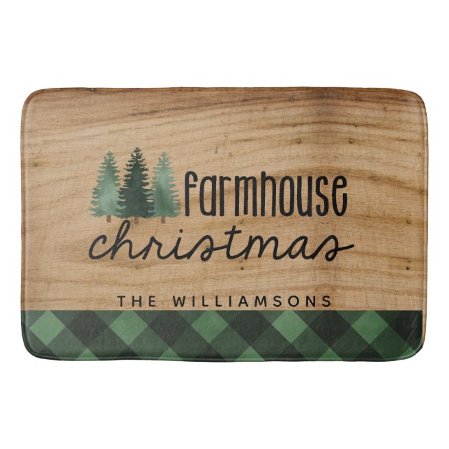 Farmhouse Christmas Country Plaid Family Name Wood Bath Mat (Front)