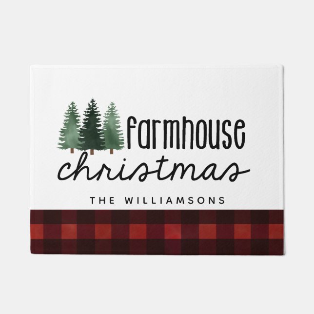 Farmhouse Christmas Country Plaid Family Name Wood Doormat (Front)