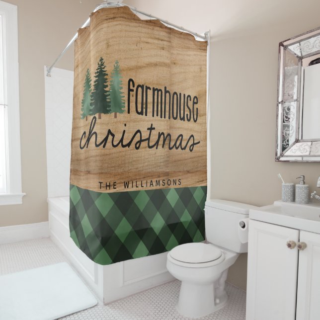 Farmhouse Christmas Country Plaid Family Name Wood Shower Curtain (In Situ)