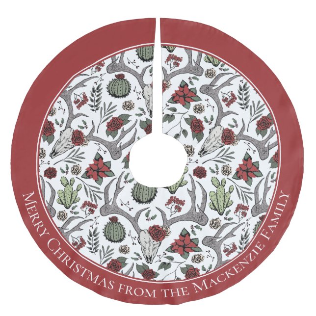 Farmhouse Christmas Floral Deer Skull Antlers Brushed Polyester Tree Skirt (Front)