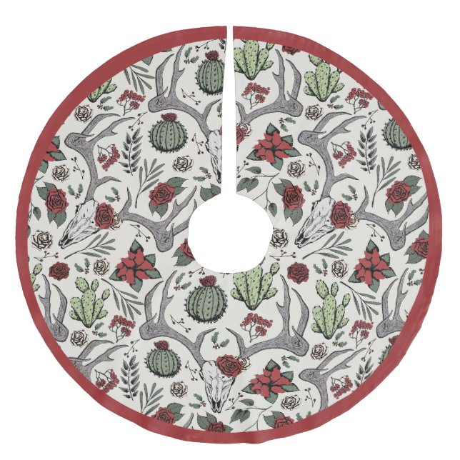 Farmhouse Christmas Floral Deer Skull Antlers Brushed Polyester Tree Skirt (Front)