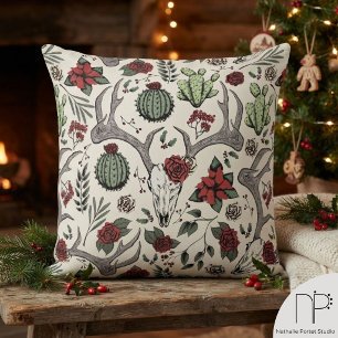 Farmhouse Christmas Floral Deer Skull Antlers Cushion