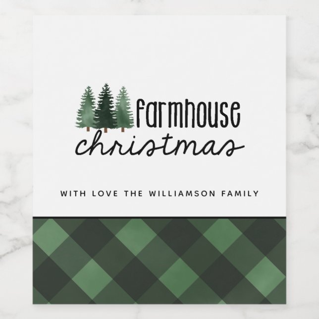 Farmhouse Christmas Green Plaid Family Name   Gift Wine Label (Single Label)