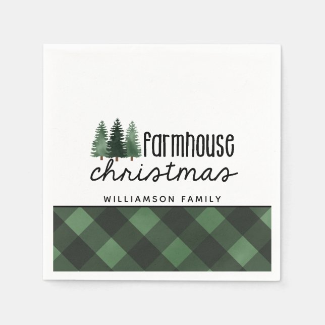Farmhouse Christmas Green Plaid Family Name  Napkin (Front)