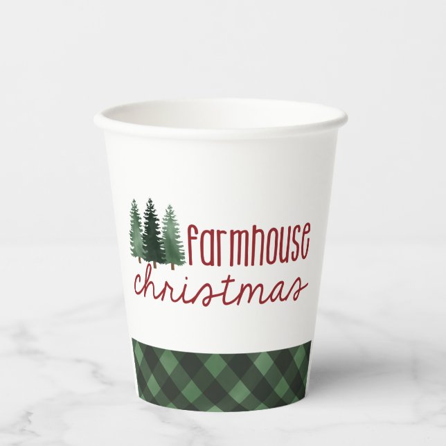 Farmhouse Christmas Green Plaid Holiday  Paper Cups (Front)