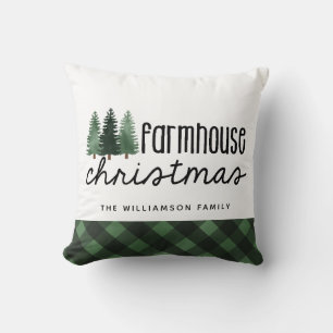 Farmhouse Christmas Plaid Family Name  Cushion