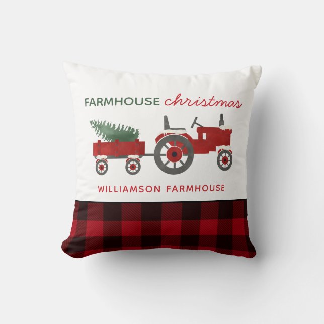 Farmhouse Christmas Tractor and Tree Plaid  Cushion (Front)