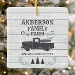 Farmhouse Christmas Tree Family Farm Personalised Ceramic Ornament<br><div class="desc">Farmhouse Christmas Tree Family Farm Personalised Ceramic Ornament. Beautiful rustic farmhouse christmas home decor. An old vintage truck hauling and christmas tree adorns this cute holiday design. Accented with pine tree branches,  christmas trees,  and holiday typography. Personalise this custom design with your family name and year established.</div>