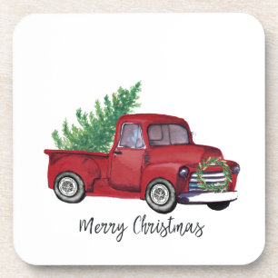 Farmhouse Christmas watercolor red truck Coaster