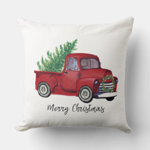 Farmhouse Christmas watercolor red truck Cushion