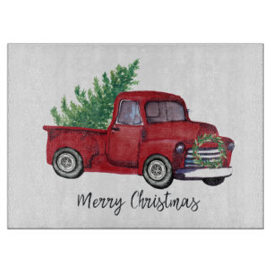 Farmhouse Christmas watercolor red truck Cutting Board