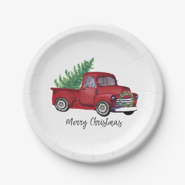 Farmhouse Christmas watercolor red truck Paper Plate (Front)