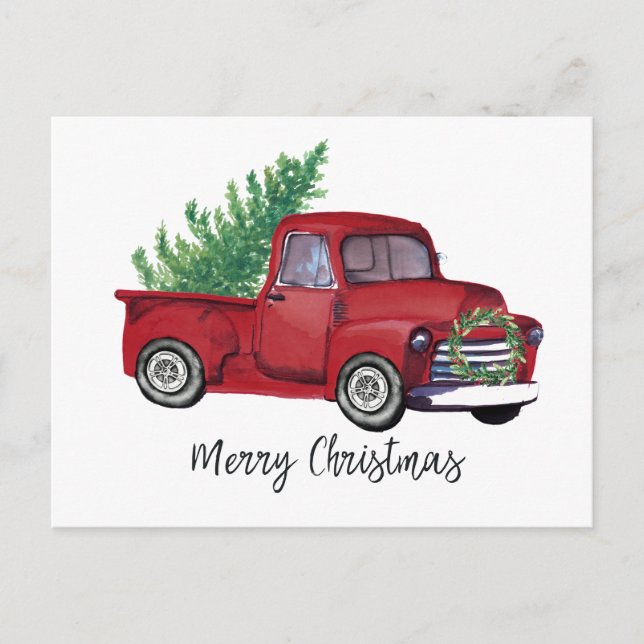 Farmhouse Christmas watercolor red truck Postcard (Front)