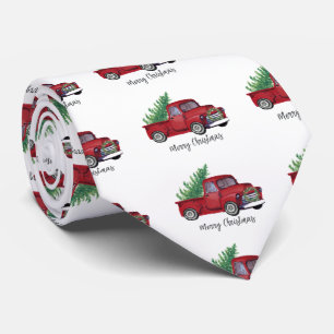 Farmhouse Christmas watercolor red truck Tie
