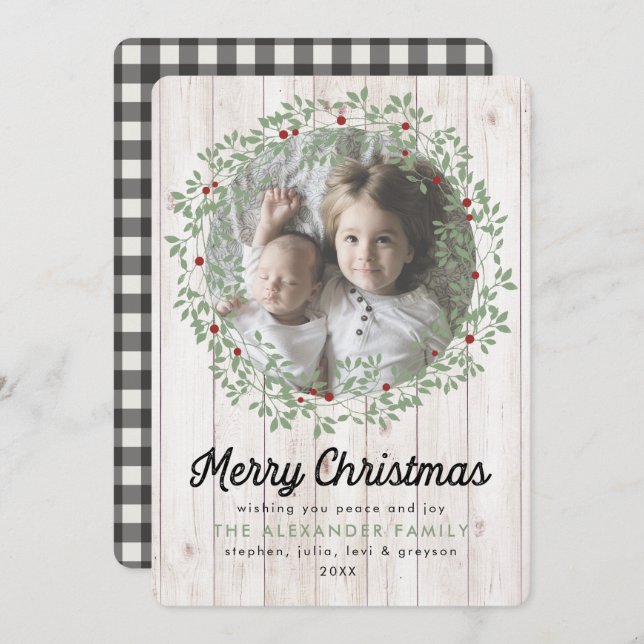 Farmhouse Christmas Wreath | Buffalo Check Holiday Card (Front/Back)