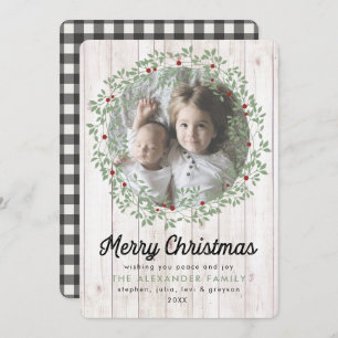 Farmhouse Christmas Wreath   Buffalo Check Holiday Card