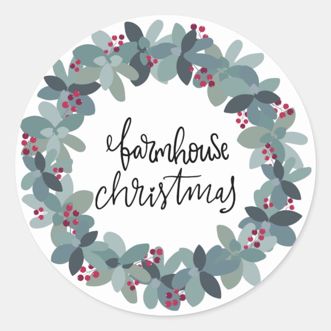 Farmhouse Christmas Wreath Classic Round Sticker (Front)