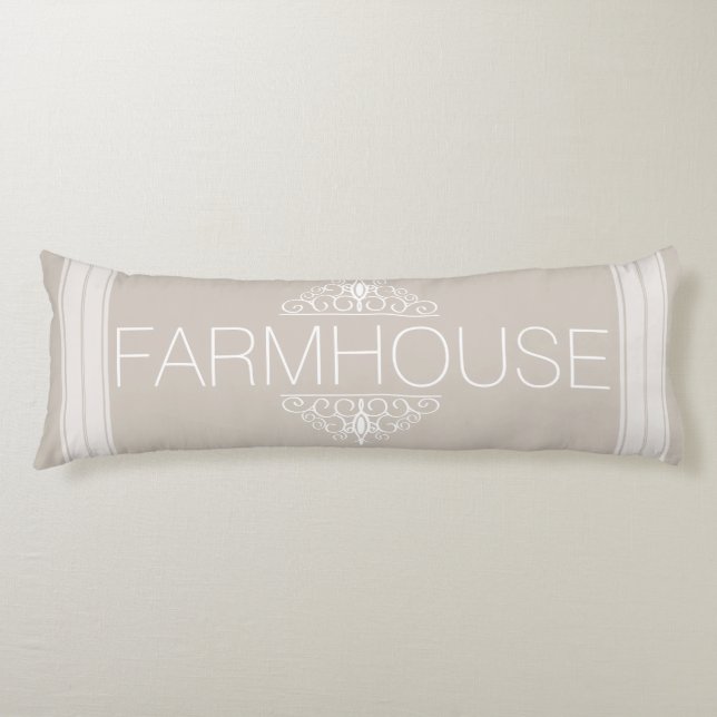 Farmhouse Classy Taupe & White Stripes Family Name Body Cushion (Front)