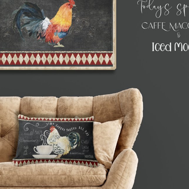 Farmhouse Coffee Kitchen Rooster Chalk Red Black Lumbar Cushion (Creator Uploaded)