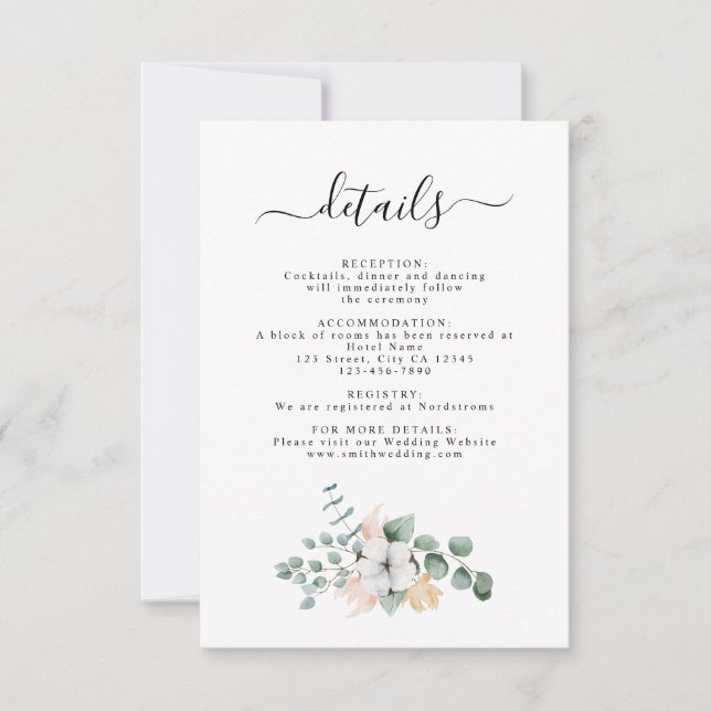 Farmhouse Cotton Eucalyptus Wedding Details Card (Front)