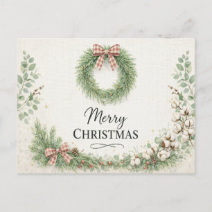 Farmhouse Cotton Wreath Merry Christmas Holiday Postcard