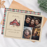 Farmhouse Country Christmas Three Photo Holiday Card<br><div class="desc">This 3 photo Christmas card features a cosy country barn design on a neutral beige background. Red and green plaid on the back side makes these festive and fun. Easily customise this using the personalisation feature, </div>