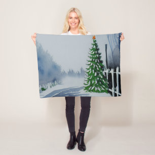 Farmhouse Country Christmas Watercolor Fleece Blanket