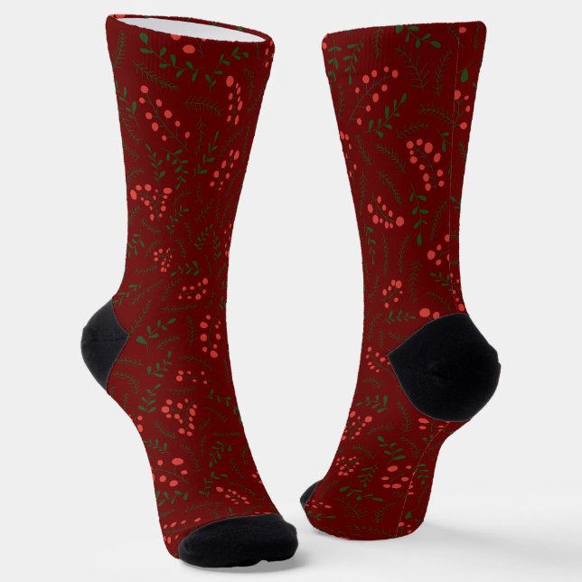 Farmhouse country maroon green foliage pattern socks (Angled)