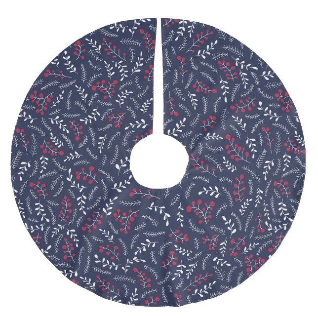 Farmhouse country navy blue foliage pattern cute brushed polyester tree skirt (Front)