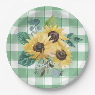 Farmhouse Country Sunflower Green Checks  Paper Plate