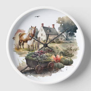 Farmhouse country watercolor farm animals and crop clock