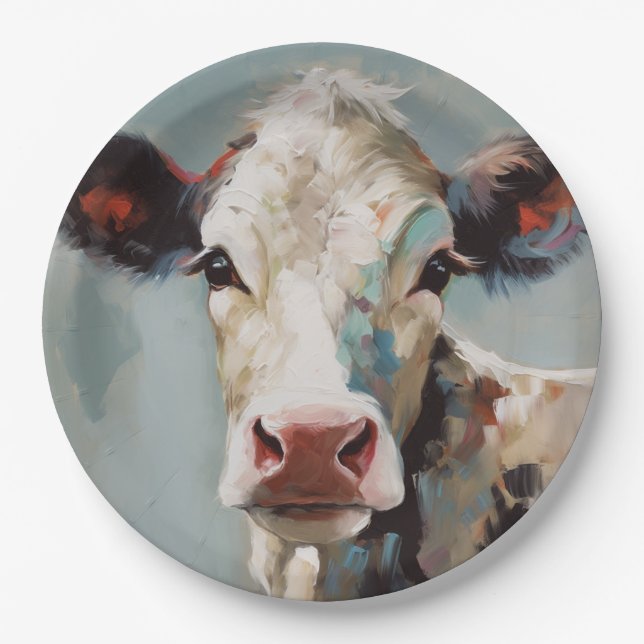 Farmhouse Cow Painting Paper Plates and Bowls (Front)