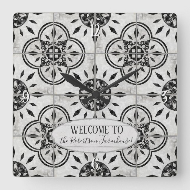 Farmhouse Damask Tile Pattern Wood Family Name Square Wall Clock (Front)