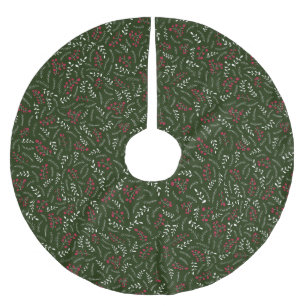 Farmhouse dark green red rustic foliage pattern brushed polyester tree skirt