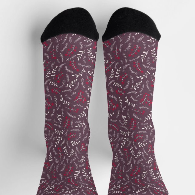 Farmhouse eggplant purple rustic foliage pattern socks (Top)
