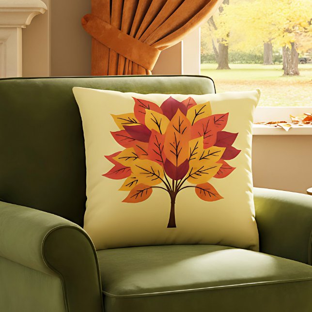 Farmhouse Fall Decor with Autumn Tree Design Cushion (Fall tree pillow in warm leaf tones decorates a green armchair in the living room.)