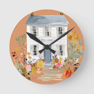Farmhouse Fall Porch Monogram Round Clock