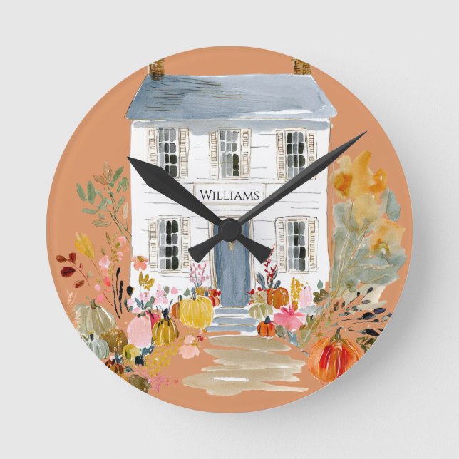 Farmhouse Fall Porch Monogram Round Clock (Front)