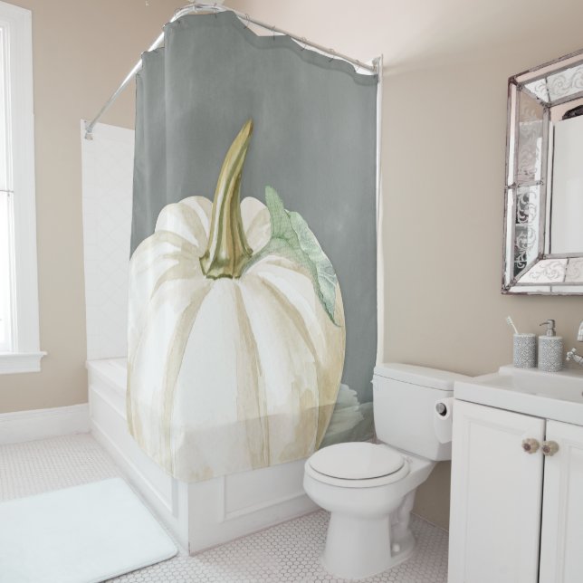 Farmhouse fall white pumpkin shower curtain (In Situ)