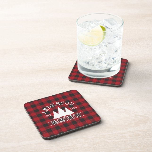 Farmhouse Family Name Red Buffalo Plaid Coaster (Right Side)